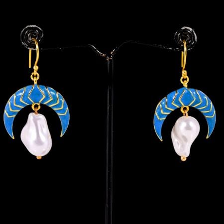 Blue Enamel and Pearl Crescent Moon Dangle Earrings for Women in Brass with 22k Gold Plating